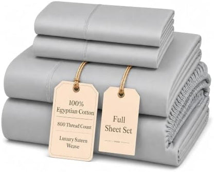 Egyptian Cotton Sheets Full Size Bed Set, 4PC Cotton Full Sheet Set -Silver
