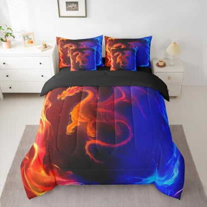 Erosebridal Dragon 7 Piece Bedding Set Queen Nebula Comforter Set with Sheets Mysterious Outer Space Bed in A Bag Red Blue Ombre Bed Sets with 2 Pillowcases, 2 Throw Pillow Covers
