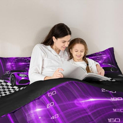Erosebridal Purple Race Car Comforter Set for Kids Boys,Glitter Ombre Line Art Bedding Set Neon Light Sports Car Dashboard Quilt Full,Black and White Grid Lattice Buffalo Plaid Decor