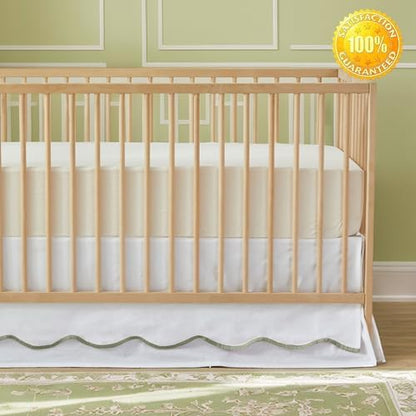Brandream Scallop Edge Cotton Crib Skirt Toddler Bedskirt Baby Nursery Crib Bed Skirt Double Layer Boho Bohemian Neutral Solid Color Cream Off White with Sage Green Edge Farmhouse Chic Skirt