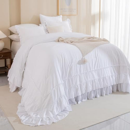 Masaca White Oversized King Comforter 120x98,Farmhouse Shabby Boho Chic Ruffle California King Comforter Set 3 Pieces French Country Rustic Bedding (1 Ruffled Comforter+2 Pillow Shams)