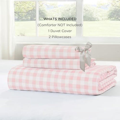 Andency Pink Gingham Duvet Cover Queen, Ruffle Shabby Bedding Set 3 Pcs