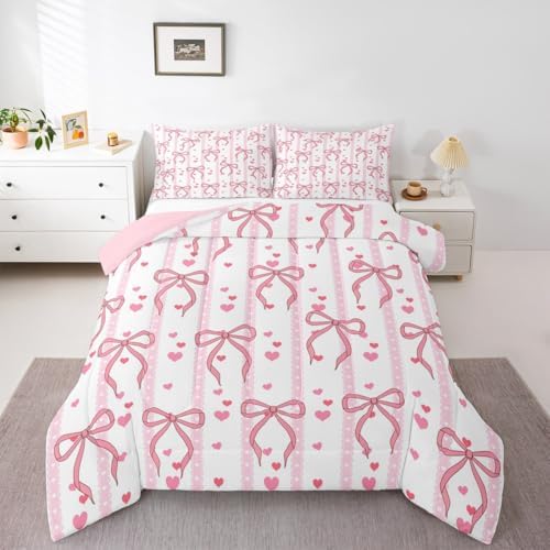 Castle Fairy Cute Pink Bows Comforter Set Queen Size,Dreamy Princess Style Down Alternative Adults Room Decor,Romantic Pink Ribbon Ultra Soft Microfiber Inner Fill 3Pcs Bedding