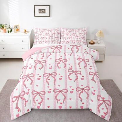 Castle Fairy Cute Pink Bows Twin Size Comforter Set,Dreamy Princess Style Duvet Set Soft Bed Collection,Romantic Pink Ribbon Bedding Comforter for Boys Girls Bedroom,2 Pcs