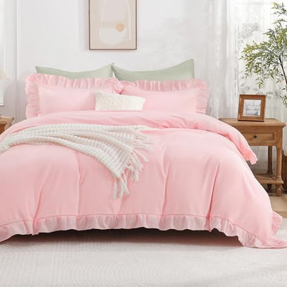 Andency Pink Ruffle Duvet Cover Full, Shabby Chic Farmhouse Bedding Set