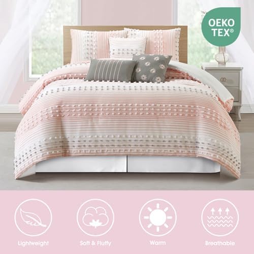LANCO MODERN LIFESTYLE King Comforter Set, Pink, Jacquard Clip Striped Design, Elegant Soft 7 Pieces Bedding Set for All Seasons, Matching Bedskirt, Pillow Shams and Decor Pillows