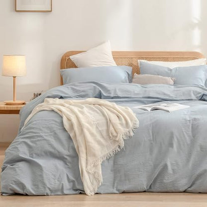 BESTOUCH Cotton Solid Duvet Cover Set Cornflower Blue Oversized Full
