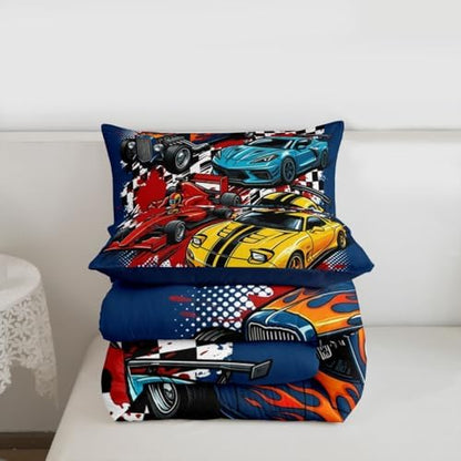 Feelyou Boys Race Car Bedding Set Soft for Boys Girls, Speed Sports Car Comforter Set Queen Size Extreme Sports Duvet Quilt Microfiber Automobile Bedroom Decor 3 Pcs with 2 Pillow Cases