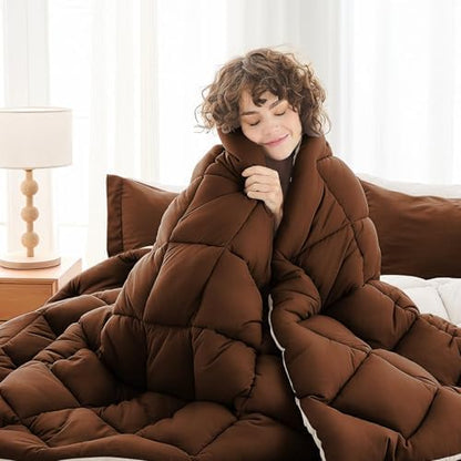 MUXHOMO 7 Pieces Queen Comforter Set, Reversible Bed in a Bag Queen Size, All Season Bedding Set with Comforter, Flat Sheet, Fitted Sheet, Pillowcases & Shams, Brown & Khaki