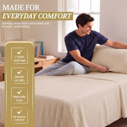 Twin XL Cotton Knit Jersey Sheet Set, 15" Deep Pocket, Beige, 3PC
