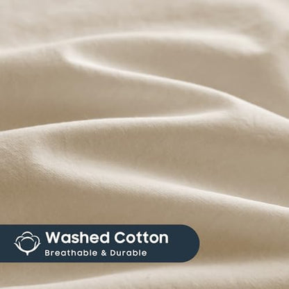 Wake In Cloud - Cotton Duvet Cover Set, 100% Washed Cotton, Linen Like Textured, Breathable Durable Comfy Farmhouse Neutral Bedding Set, 3 Pieces, Khaki Linen, Twin/Twin XL Size