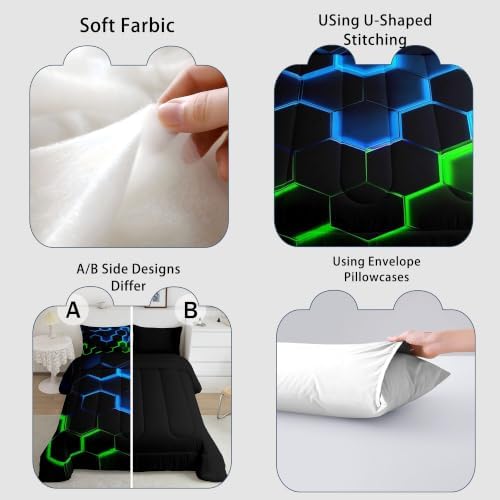 Castle Fairy,Honeycomb Bedding Comforter Set King Size,Hexagon Theme Green Blue Neon Lights Quilt Set,Chic Creative Home Bedding Set 3pcs Duvet Insert 2 Pillowcases,Black(WWS13396ZMD-BZ_USk)