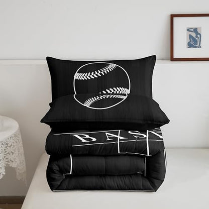 Erosebridal Baseball Comforter Twin for Boys Kids Sports Bedding Set, Baseball Field Down Comforter Black and White Bed Set, Ball Game Gaming Gamer Quilted Duvet 3pcs (1 Comforter + 2 Pillowcase)