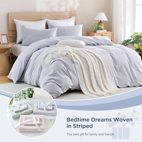 TOCOMOA Blue Striped Duvet Cover Set 100% Washed Cotton Like Linen, Queen
