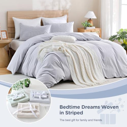 TOCOMOA Blue Striped Duvet Cover Set 100% Washed Cotton Like Linen, King