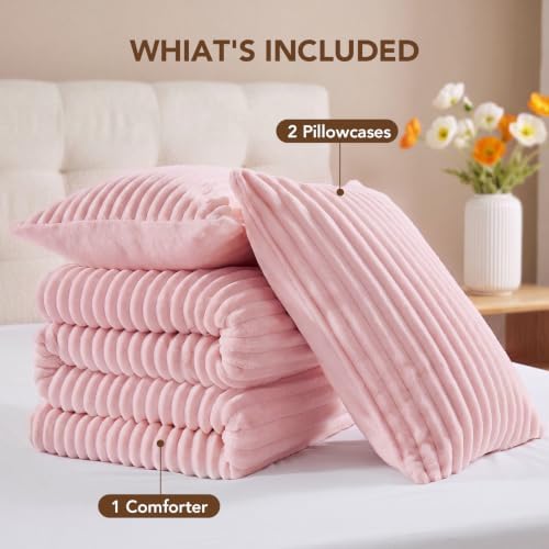 HYLEORY Fluffy King Comforter Set 3 Pieces - Fleece Fluffy Soft & Warm Plush Pink Comforter Sets, Luxury Fuzzy Bedding Sets, All Season Heavy Bed Set King Size with 2 Pillowcases