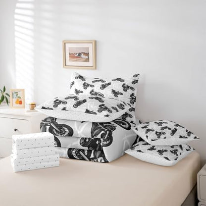 Feelyou Dirt Bike Comforter Set with Sheets 7 Piece Full Graffiti Style Lines Bed in a Bag Kids Boys Girls Racing Motocross Rider Bedding Set Motorcycle Bedroom Decor Extreme Sports Soft Lightweight