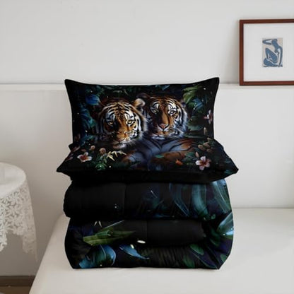 Couple Tiger Kids Comforter Set Full Size,Floral Palm Leaf Tropical Plant Botanical Bedding Set,Girls Boys Room Decor,Wild Animal Tiger Fur Quilt Comforter,Brown Rustic Duvet Insert,2 Pillowcases