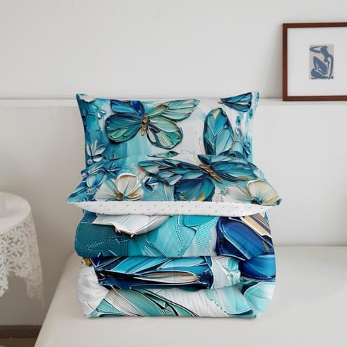 jejeloiu Teal Blue Butterfly Comforter Set Twin Size Kids Oil Painting Style Bedding Set for Boys Girls Teens Boho Butterfly Duvet Breathable Animal Quilt Bedroom Decor,1 Comforter with 1 Pillowcase