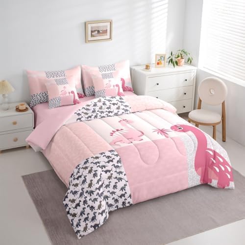 Feelyou Cute Dinosaur 7 Piece Bedding Set Pink Dinosaur Comforter Set with Sheets King Size for Kids Boys Girls Geometric Pattern Bed in a Bag Animal Theme Bed Set Soft Lightweight
