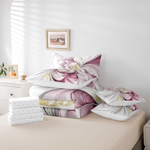 Erosebridal Pink Marble Flower Bedding Set for Kids Teens,Abstract Art Comforter Set Queen Size,Retro Artwork Style (Comforter+Fitted+Flat Sheet+2 Pillowcases+2 Throw Pillow Covers) 7 Pieces Bed Set