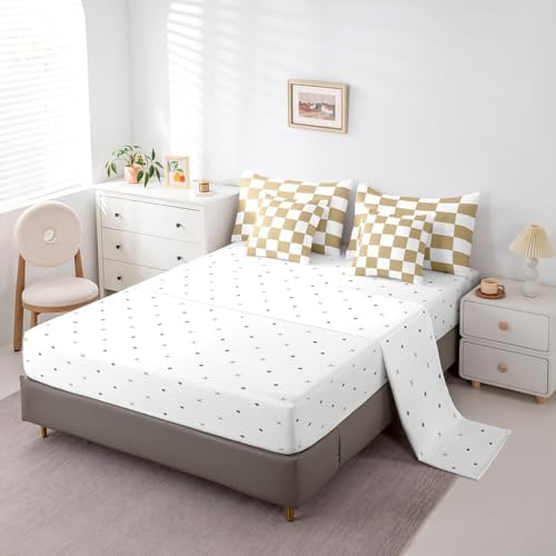 jejeloiu Light Brown Bedding Set 7Pcs Queen Size Kids Checkered Grid Comforter Set with Sheets for Boys Girls Classic Plaid Buffalo Check Bed in a Bag Soft Lightweight,Microfiber