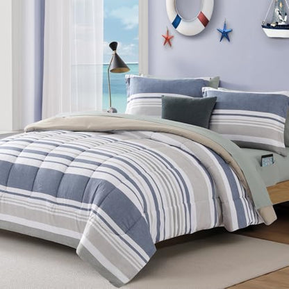 Twin XL Comforter Set Striped Sea Blue 5 Pieces Bed in a Bag for Dorm