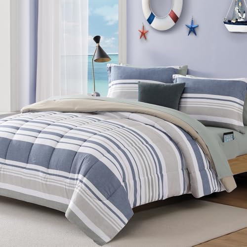 Queen Comforter Set Coastal Striped Sea Blue 7 Pieces Bed in a Bag