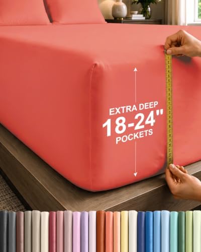 CGK Linens Extra Deep Split King Fitted Sheet - Fitted Sheet Only - Coral