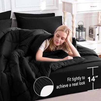 CozyLux King Size Comforter Set Black, 7 Pieces Bed in a Bag, Black Comforter King Size, All Season Bedding Sets with Stitch Quilted Comforter, Flat Sheet, Fitted Sheet, Pillowcases (Pack of 2)