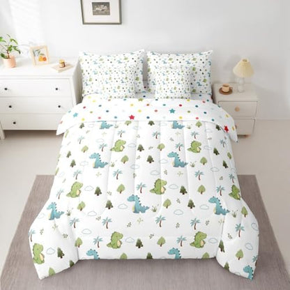 Feelyou Cute Dinosaur 7 Piece Bedding Set Cartoon Dino Comforter Set with Sheets for Kids Boys Girls Animal Theme Bed in a Bag White Blue Green Bed Set Soft Lightweight