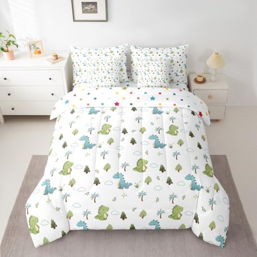 Feelyou Cute Dinosaur 7 Piece Bedding Set Cartoon Dino Comforter Set with Sheets for Kids Boys Girls Animal Theme Bed in a Bag White Blue Green Bed Set Soft Lightweight