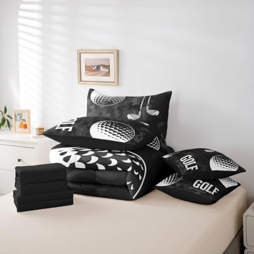 Erosebridal Boys Golf Bedding Queen 7 Pieces - Sports Decor Comforter Set with Sheets 3D Golf Printing Bed Sets for Teen Kids Winter Sports Games Bed in A Bag with Flat and Fitted Sheet