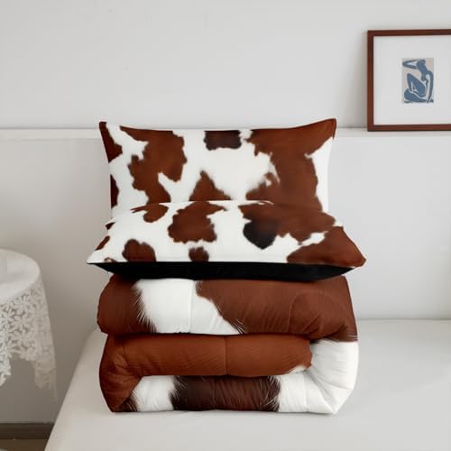 Erosebridal Cowhide Comforter Set for Kids Boys, Cute Brown White Cow Bedding Set King Size, Farm Animal Skin Down Comforter Western Cowboy Country Duvet Sets Farmhouse Decoration