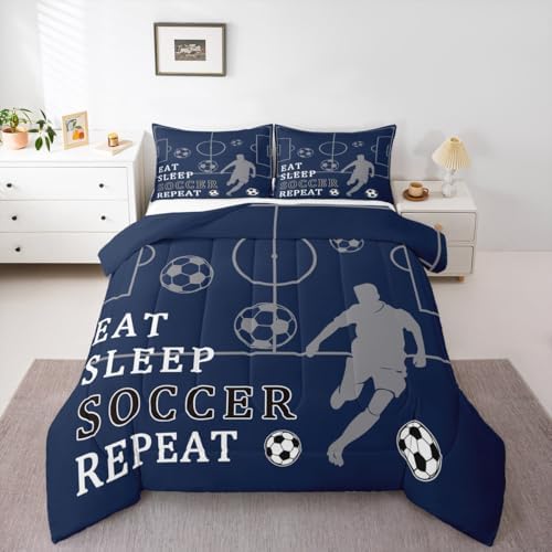 Castle Fairy Soccer Twin Size Comforter Set,Football Field Quilt Set Soft Bed Collection,Ball Games Sport Navy Blue Bedding Comforter for Boys Girls Room Decor,2 Pcs