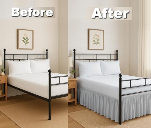 Ruffled Bed Skirt Split Corners with Platform, Tailored Fit Hotel Quality Wrinkle Free Ultra-Soft Microfiber Dust Ruffle, Upto 6 Inch Drop, Twin XL, Light Grey