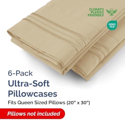 Queen Pillow Cases Set of 6 - Ultra Soft Cozy Pillowcase Covers - Beige