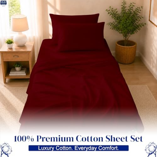 Cottingon 4 PC Cot Sheet Set 25"X75", Egyptian Cotton, Burgundy