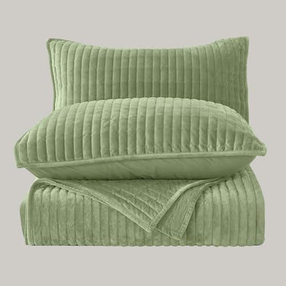 Wonderful Velvet Quilt Set, King Size Sage Soft Fluff Texture Coverlet with Shams, Channel Stitched Pattern, All-Season Use, Versatile Lightweight Bedspread for Bedroom Adults Teens Kids,106"x94"