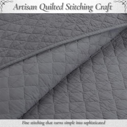 Cozy Line Home Fashions 100% Cotton Quilt Set – 3-Piece Charcoal Gray Solid Classic Modern Quilted Bedspread with Shams, Lightweight All Season Modern Bedding (Diamond Gray, Queen)