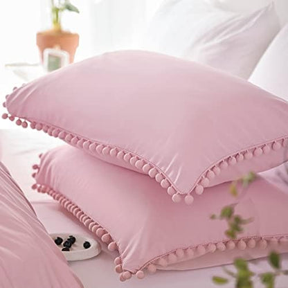 YIRDDEO Queen Comforter Set, Dust Pink Ball Pom Fringe Bedding Set 3 Pieces