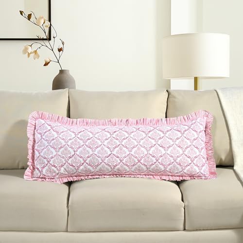 CPC Block Print Blush Rose Ruffle Cotton Lumbar Pillow Cover 14x36 inch