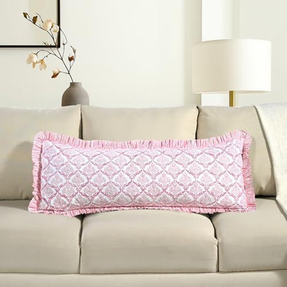 CPC Block Print Blush Rose Ruffle Cotton Lumbar Pillow Cover 14x36 inch