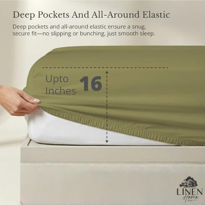 Linen Home King Size Fitted Sheet Only 100% Cotton Percale, Oil Green