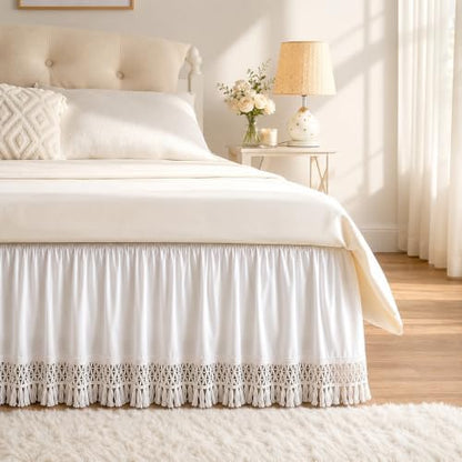 Tassel Trim Bed Skirt King 15" Drop, Elastic Wrap Around Bedskirt