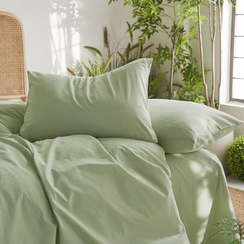 Wake In Cloud - Cotton Duvet Cover Set, 100% Washed Cotton, Linen Like Textured, Breathable Durable Comfy Farmhouse Neutral Bedding Set, 3 Pieces, Sage Green, King Size