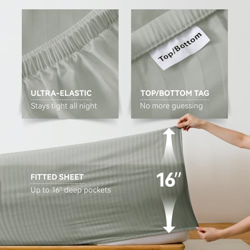 Cooling Sheets Set King Size, Viscose Derived from Bamboo for Hot Sleepers, Double Stitching, Deep Pocket to 16 Inch, Silky Soft and Breathable Bedding, 4PC (King, Jacquard Fog)
