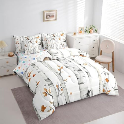 Erosebridal Cartoon Animals 7 Piece Comforter Set King Woodland Forest Bedding Set for Kids Child Boys Girls Fox Hedgehog Wildlife Sheet Set Rustic Cabin Lodge Quilt Botanical Branches Decor
