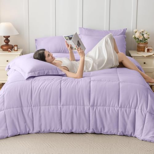 JOLLYVOGUE Queen Comforter Set, Ultra-Soft Bed in a Bag Queen Size 7 Pieces, Oeko-TEX Certified Bedding Set with Down Alternative Comforter, Sheets, Pillowcases & Shams, Lavender