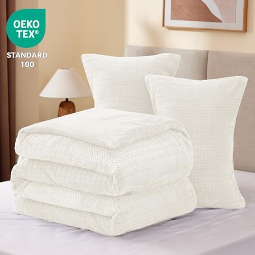 ChiXpace Fleece Twin Size Comforter Set White, Fluffy Bed Set 2 Pieces